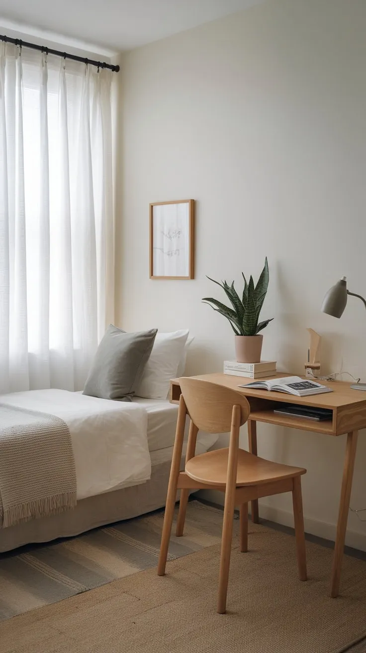 A serene white guest room features a functional desk perfect for working or relaxing, complemented by a comfortable twin bed.