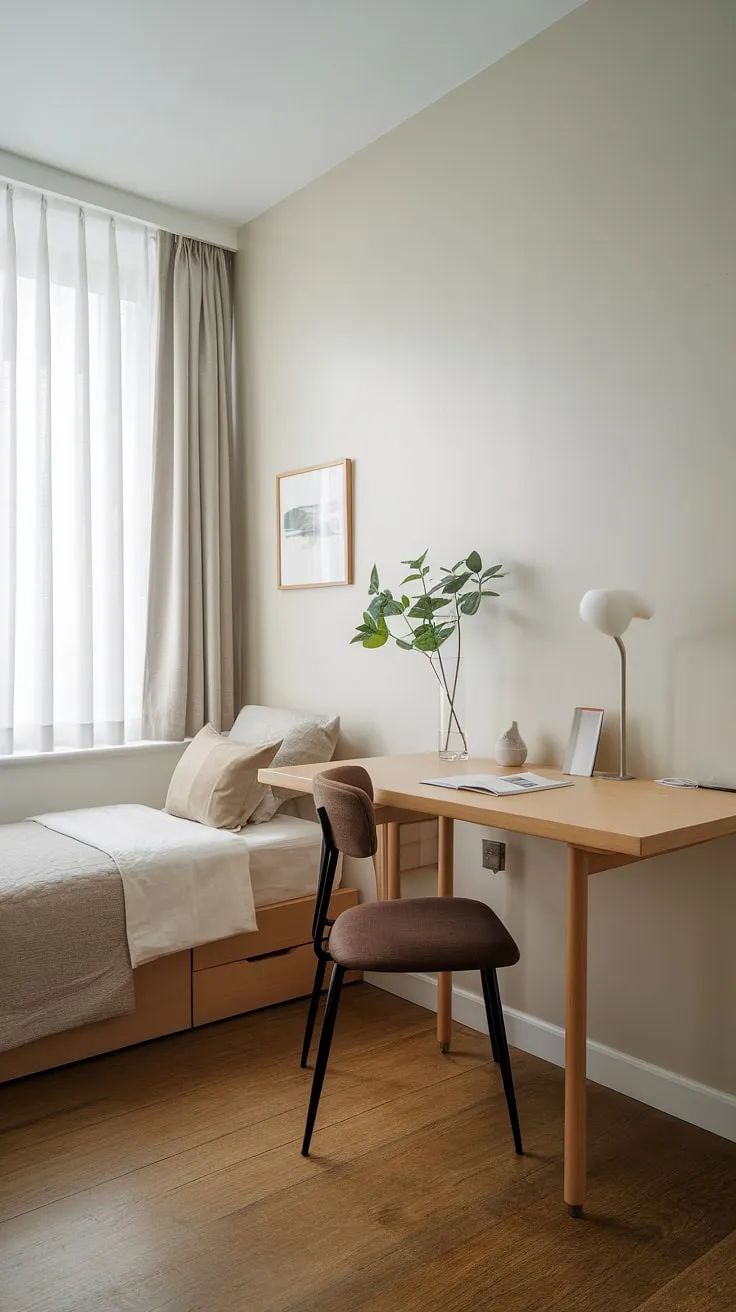 A home office with guest bed?  This twin bed office guest room proves it's possible!  The minimal guest room design maximizes space, creating a tranquil and productive guest room with desk, perfect for a minimalist guest room office.