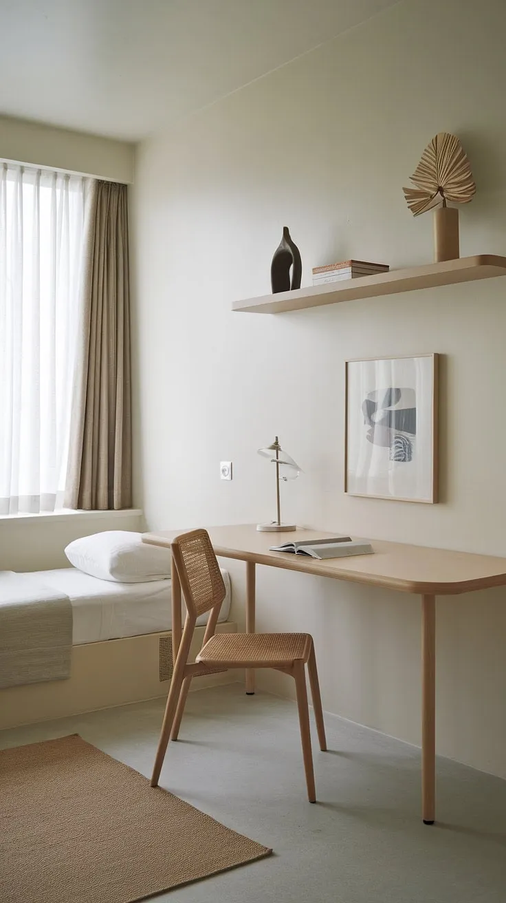 This minimalist guest room office seamlessly blends functionality and style.  The twin bed provides comfortable accommodation, while the dedicated desk area offers a productive workspace, perfect for guests needing a home office with guest bed or a spare room study.  Ideal for apartment guest room office solutions or even a basement office guest room, this design showcases clever guest bedroom office ideas.
