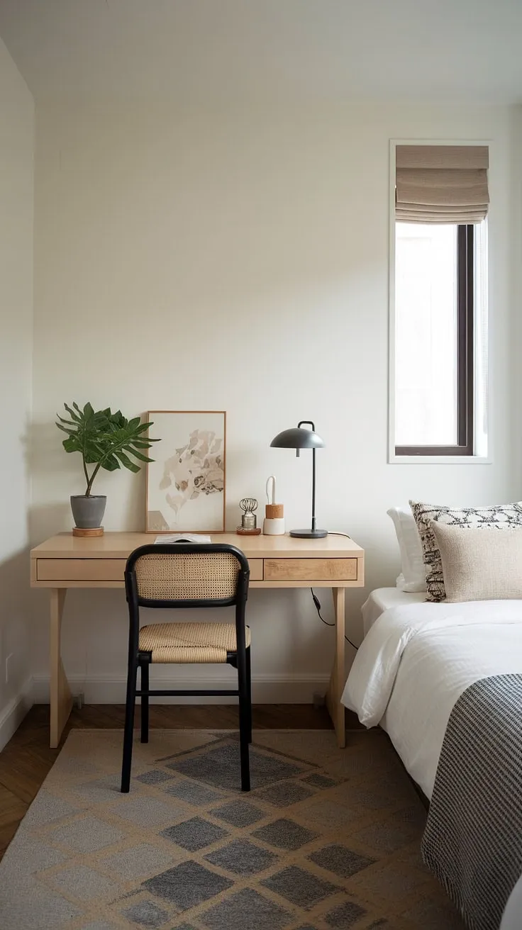 This minimal guest room seamlessly blends functionality and style.  The twin bed office guest room setup is perfect for guests and provides a dedicated workspace, ideal as an apartment guest room office or spare room study.  Clever guest bedroom office ideas maximize space in this home office with guest bed.
