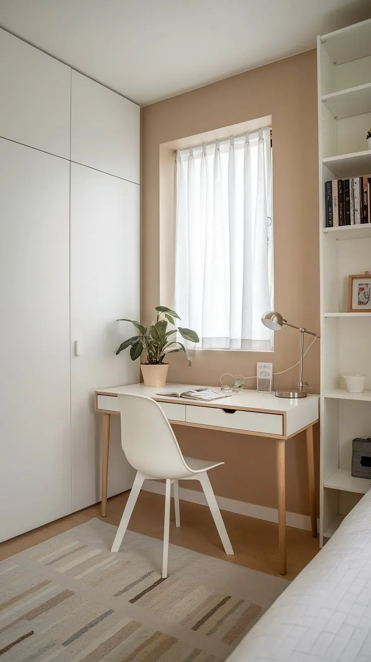 This minimal guest room seamlessly blends functionality and style.  A perfect apartment guest room office, or spare room study, it offers a quiet workspace with a twin bed office guest room setup.  The white desk, tucked neatly beside the bed, makes this twin bed office guest room a practical solution for those needing a home office with guest bed.  Ideal guest bedroom office ideas for maximizing space, even in a basement office guest room.