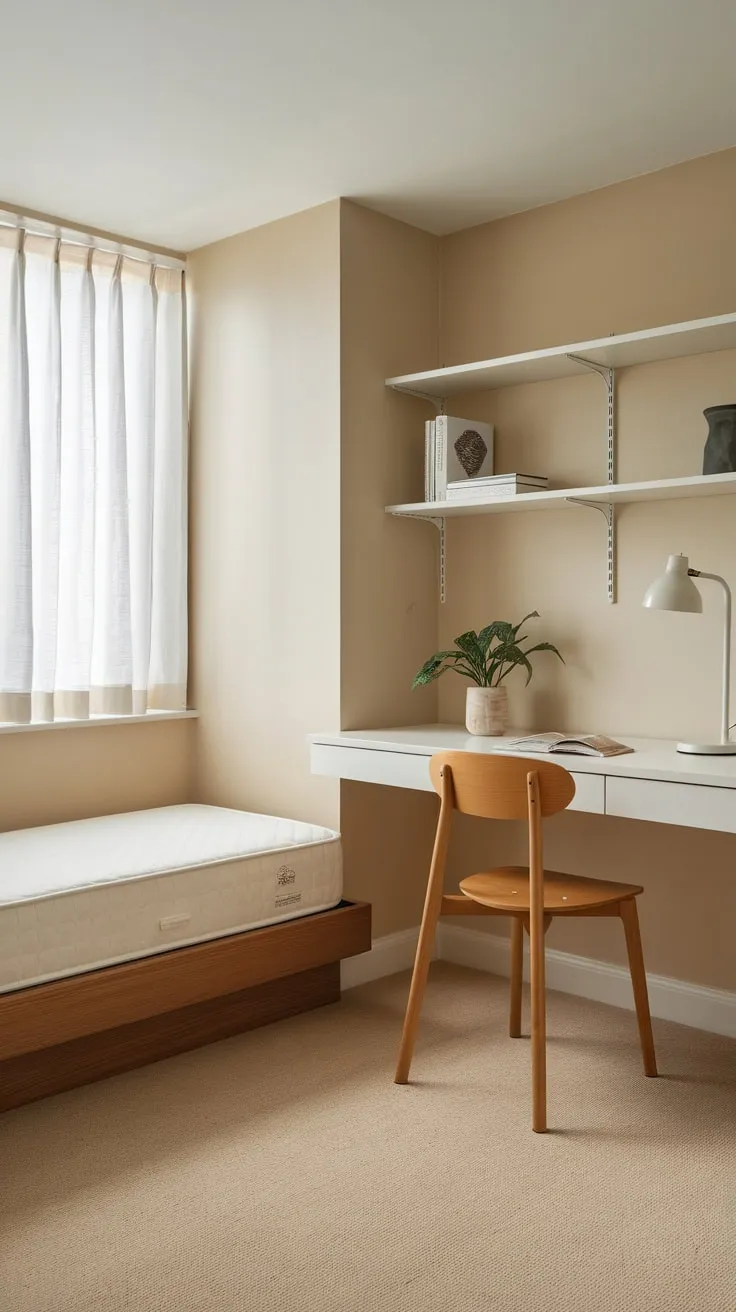 A minimalist beige guest room offers a twin bed and a workspace with a desk and chair, perfect for a comfortable and productive stay