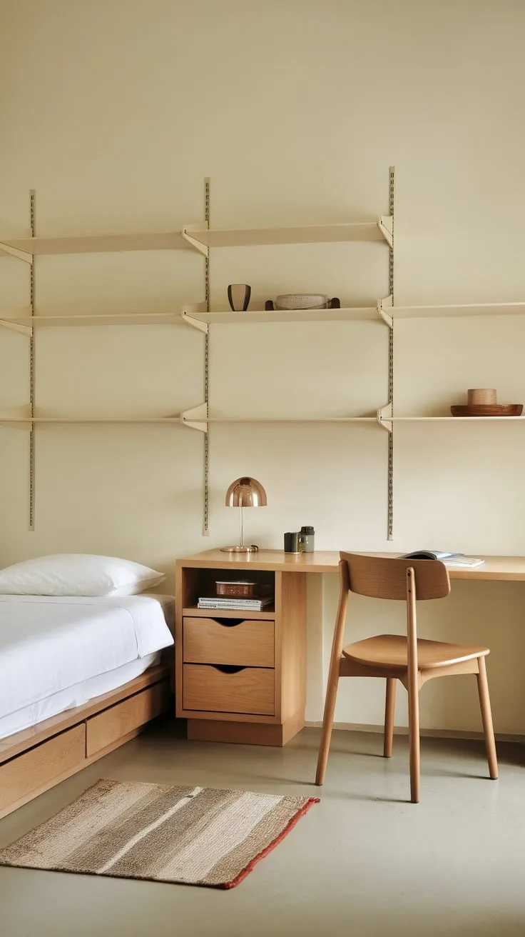 Soft lighting and simple cream walls create a calming atmosphere in this cozy guest room with workspace.