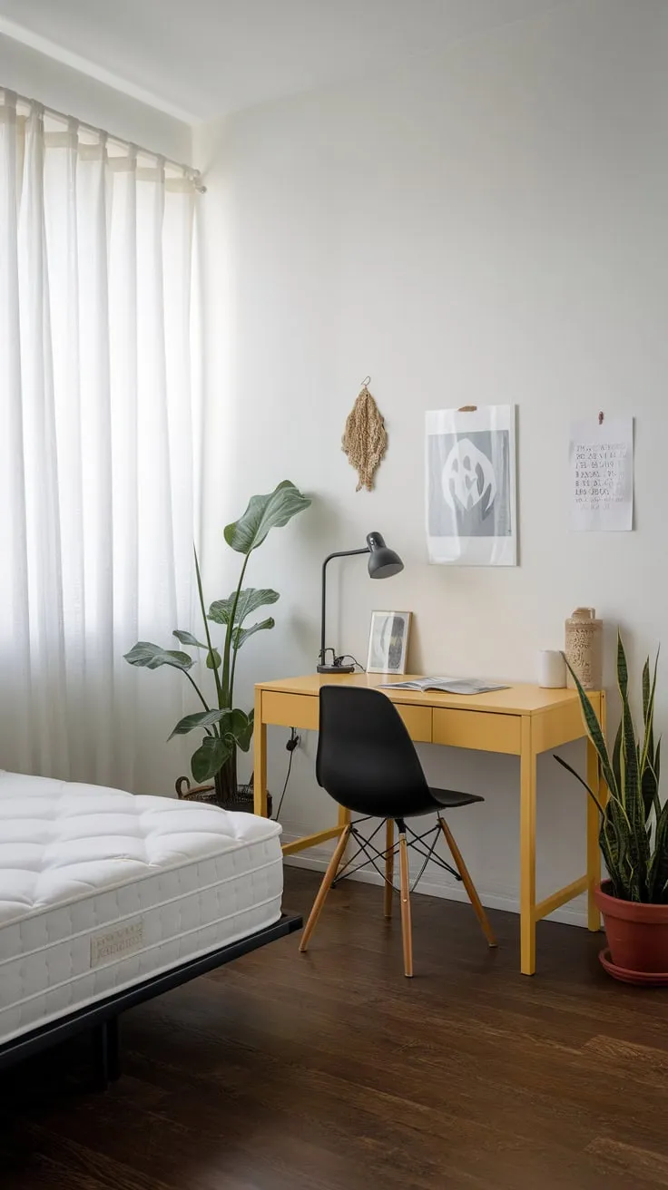 A bright guest room offers a workspace with a twin bed, yellow desk, and calming decor.