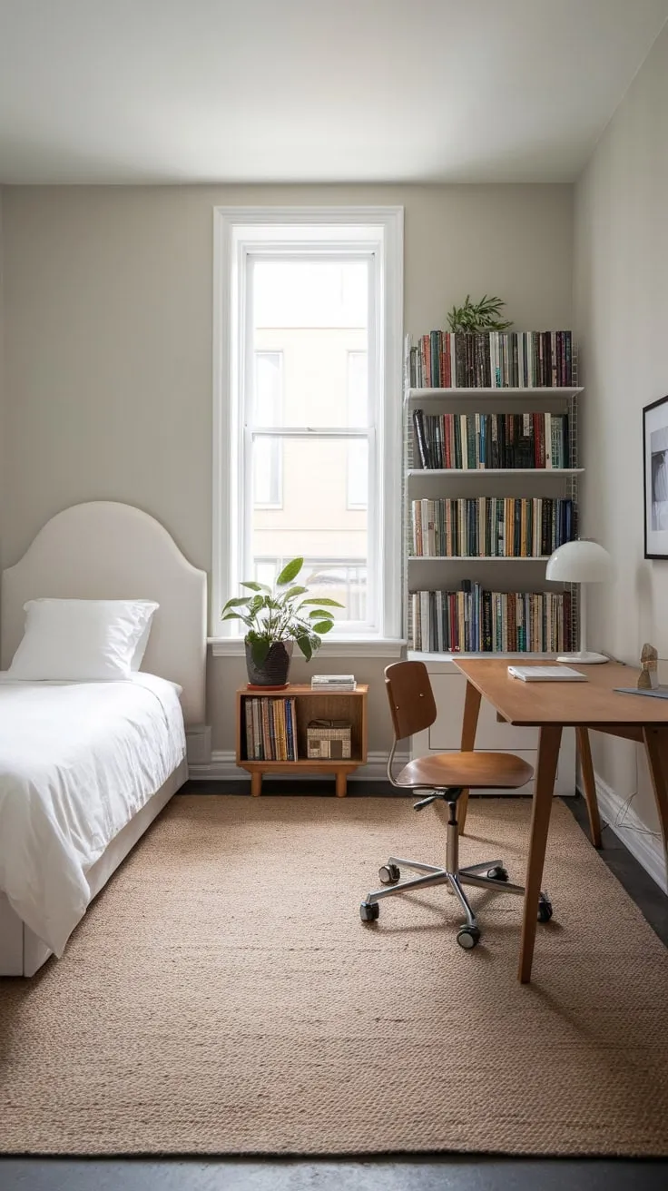 A minimalist guest room offers a twin bed, workspace with desk and chair, and calming décor for a comfortable and productive stay