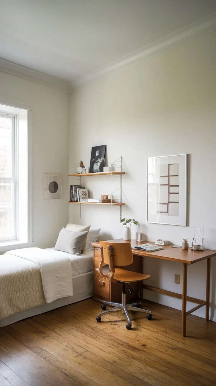 A serene white guest room features a twin bed, desk, and hardwood floors creating a functional yet peaceful retreat.