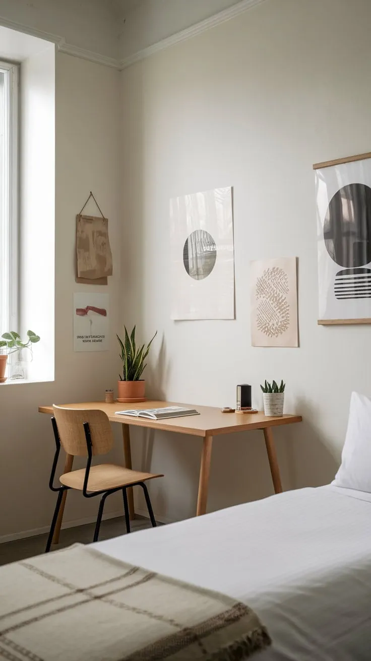 A serene white guest room provides a workspace and comfortable sleeping area, perfect for guests.