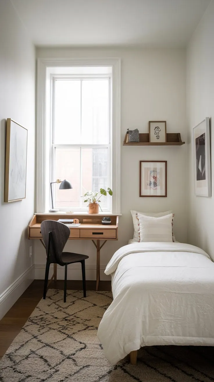 A bright white minimalist guest room offers a twin bed and a functional desk perfect for working or relaxing.