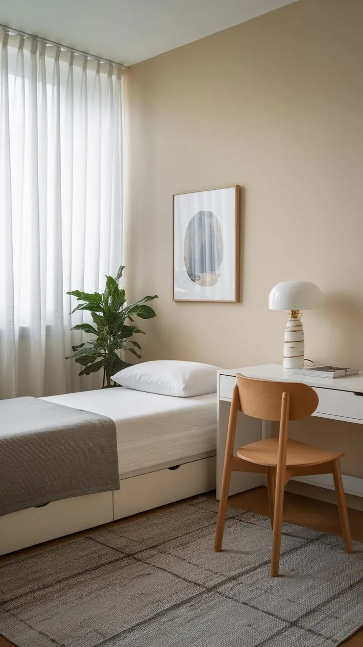 A minimalist guest room offers a twin bed, workspace with desk and chair, and calming neutral tones for a restful stay