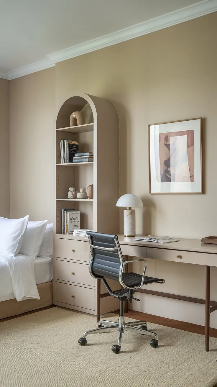A home office with guest bed?  This twin bed office guest room proves it's possible!  The minimalist guest room office design maximizes space, offering a comfortable guest room with desk and a dedicated workspace without sacrificing style.  Perfect for a small apartment or anyone needing a multi-functional spare room.