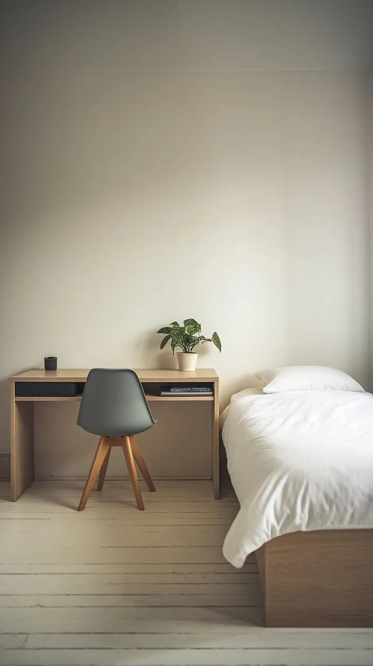 A tranquil haven for both work and rest. This minimalist guest room with desk provides a practical and stylish solution for a small space.  Perfect as a spare room study or apartment guest room office, the design effortlessly balances functionality and serenity.  Consider this your inspiration for guest bedroom office ideas—a home office with guest bed that's both inviting and productive.  Even a basement office guest room can achieve this level of understated elegance.  The minimal guest room proves that less is truly more.