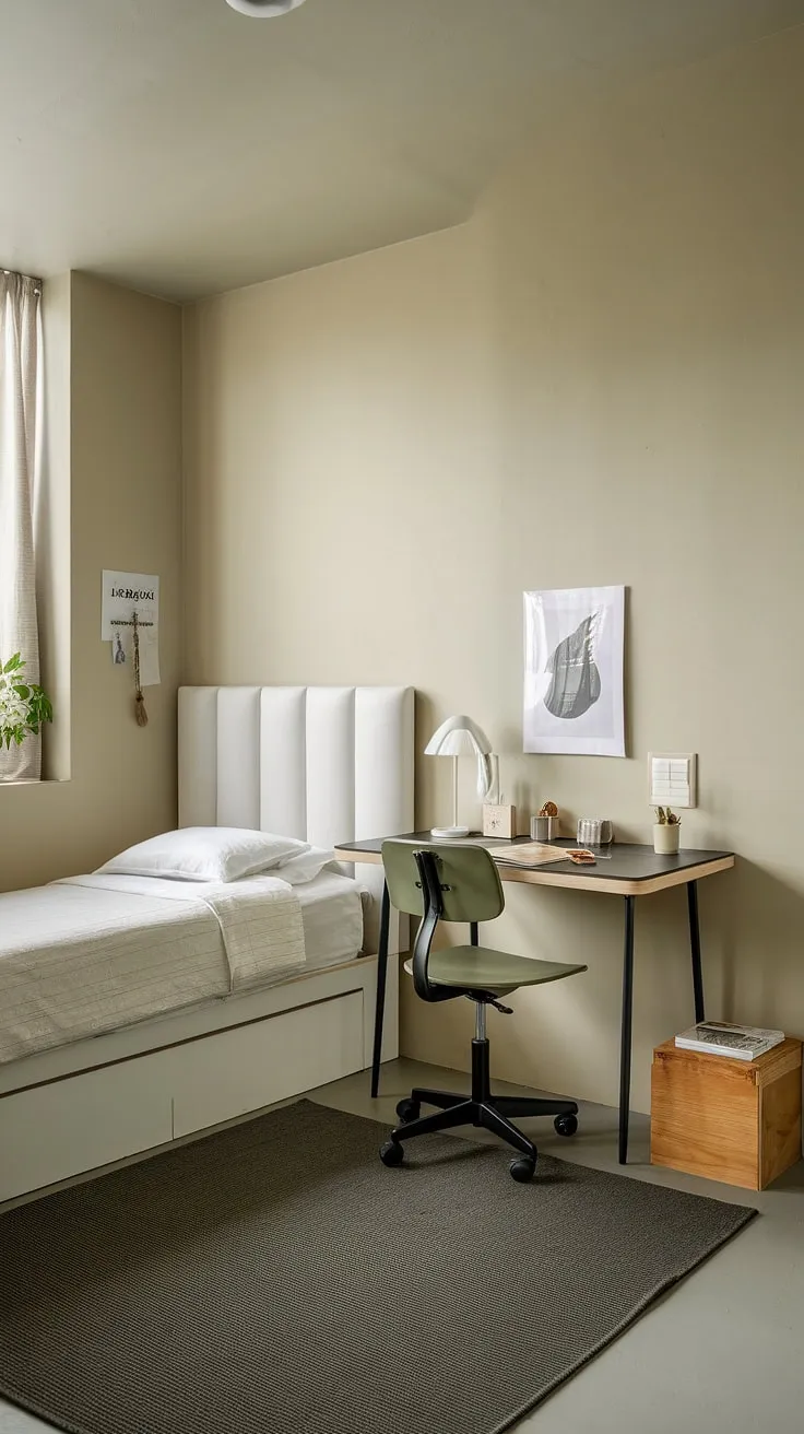 A tranquil haven for both work and rest. This home office with guest bed, cleverly designed as a twin bed office guest room, offers a peaceful retreat.  The minimalist guest room design, perfect for a basement office guest room, proves that even a small space can be a productive and inviting guest room with desk.