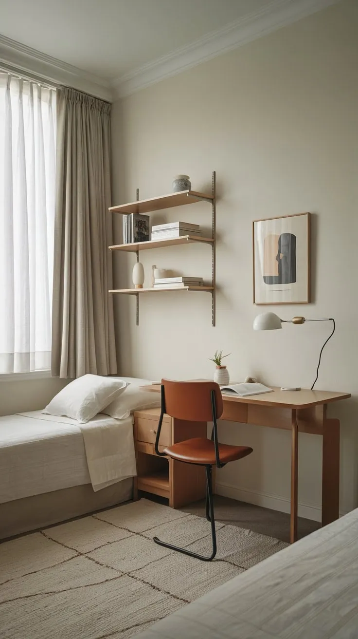 A serene white guest room provides a twin bed, a desk perfect for working, and a quiet space for relaxation.