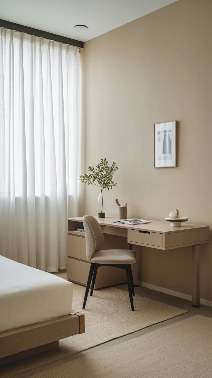 A tranquil twin-bedded guest room features a practical desk, creating a serene and functional space.
