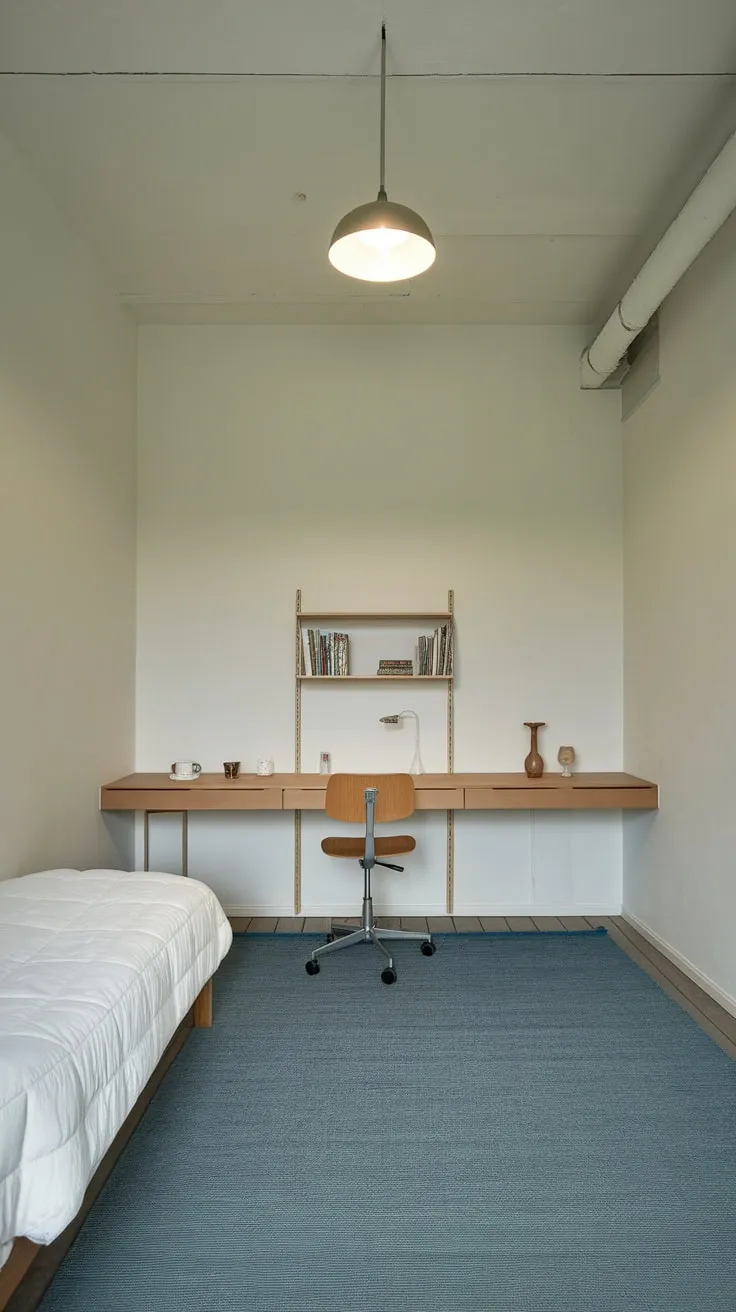 A serene basement guest room features a twin bed, workspace, and small shelving, perfect for minimalist travelers.