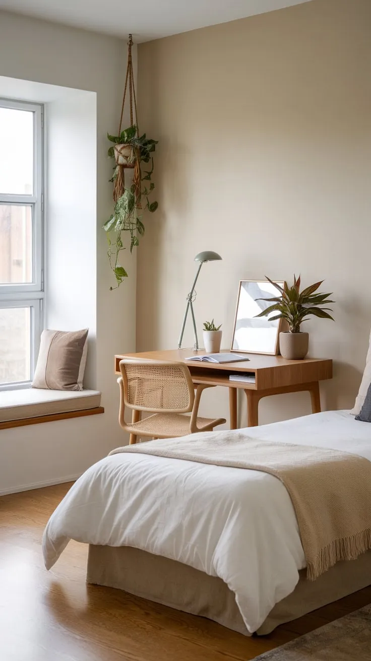 A calming beige guest room offers a comfortable twin bed and a functional desk area bathed in natural light.