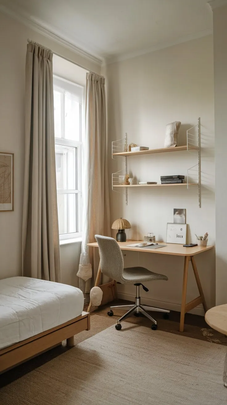 A tranquil white guest room features a twin bed, desk, and small shelf creating a comfortable and functional space.