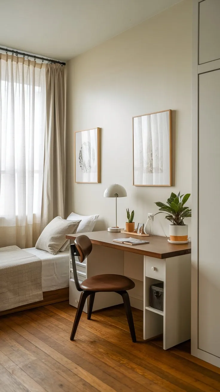 A serene white-walled guest room provides a functional desk and cozy twin bed for a comfortable and productive stay