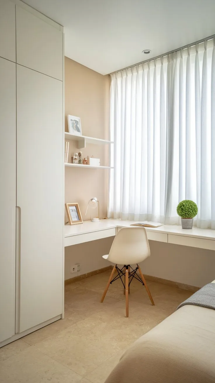 A serene minimalist guest room features a twin bed, white desk, and large window, perfect for a productive yet restful stay