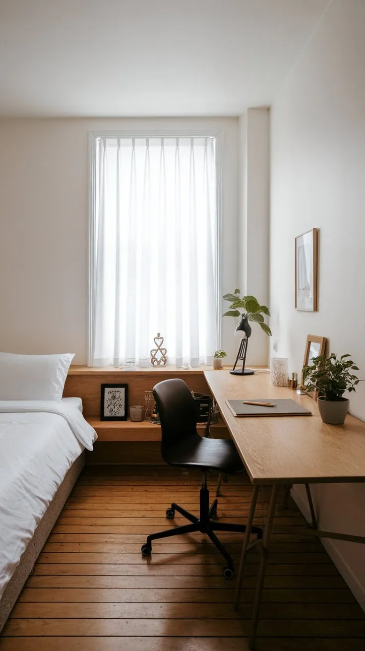 A serene minimalist guest room features a twin bed, a functional desk perfect for work or study, and calming décor.
