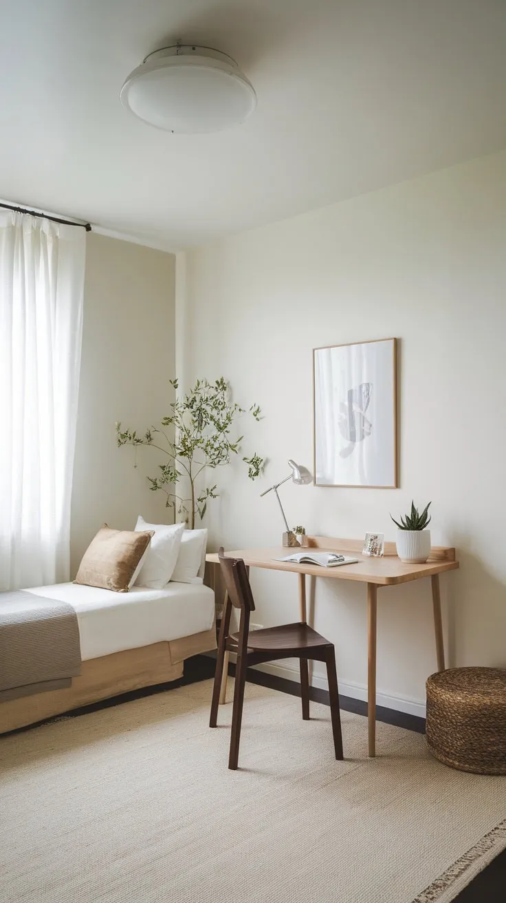 A serene minimalist guest room provides a workspace and restful sleep in a calming, neutral space.