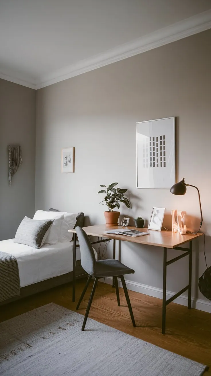 A minimalist grey-walled guest room offers a twin bed, desk, and chair perfect for a productive yet restful stay