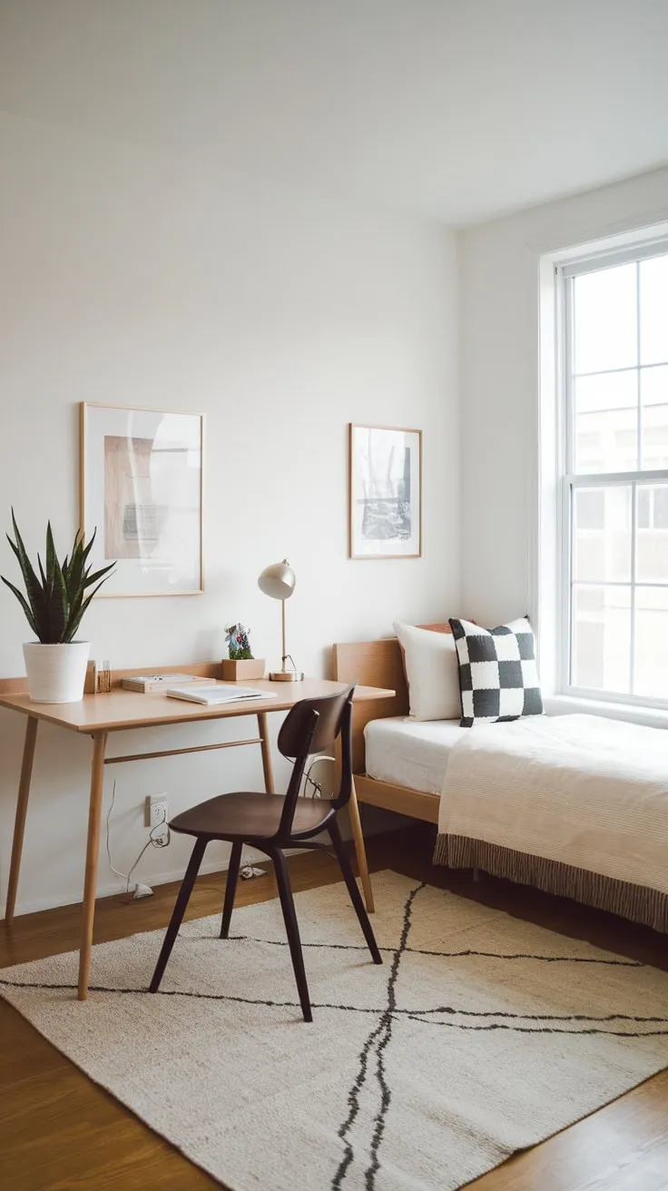 A serene guest room office features a twin bed, a simple desk, and minimalist decor in a calming white and beige palette.