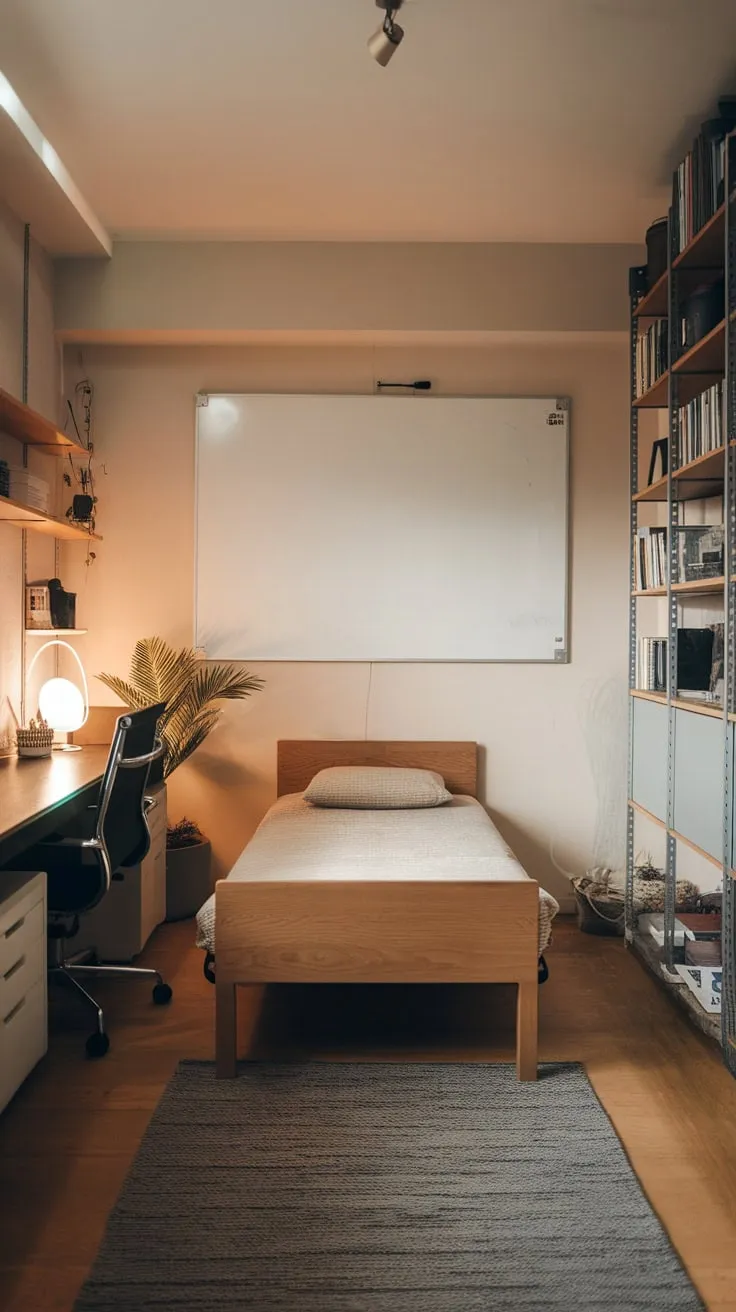 A cozy and functional guest room offers a twin bed and dedicated workspace complete with desk and shelving in a calming minimalist design.