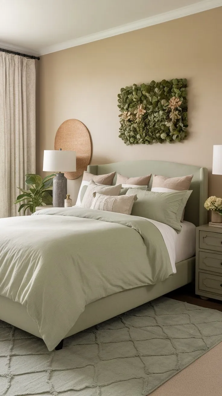 Sage green bedding and decor infuse a calming boho aesthetic into a neutral guest room, complemented by soft beige walls and natural elements.
