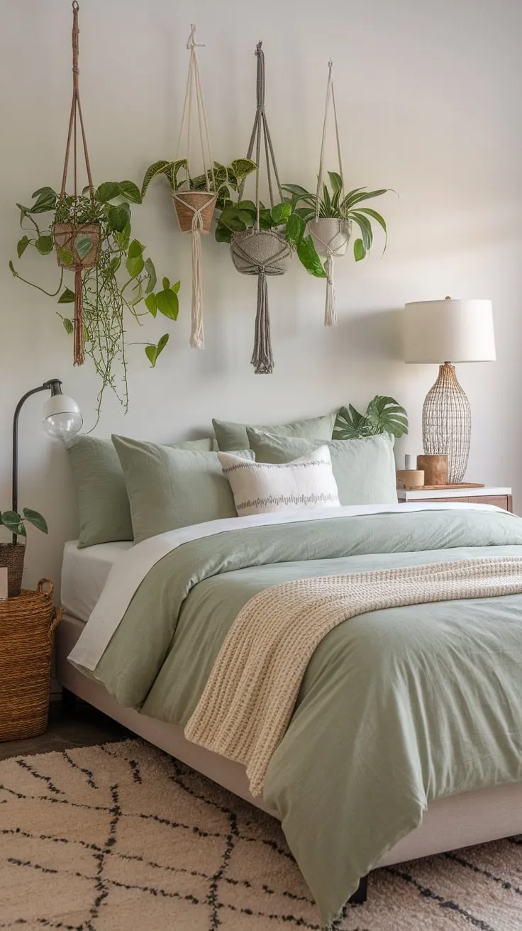 A serene sage green guest room boasts a boho aesthetic with hanging plants and inviting neutral tones.