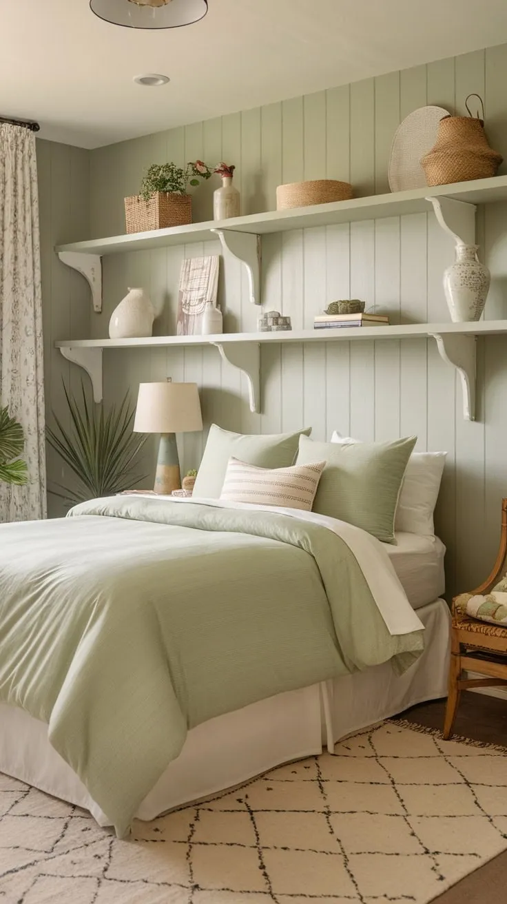 A serene boho guest room boasts a sage green aesthetic, blending textures and patterns for a calming and inviting atmosphere