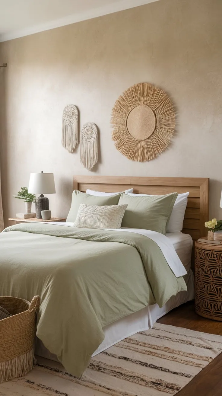A serene sage green boho guest room boasts a queen bed, rustic textures, and warm wooden accents for a relaxing retreat