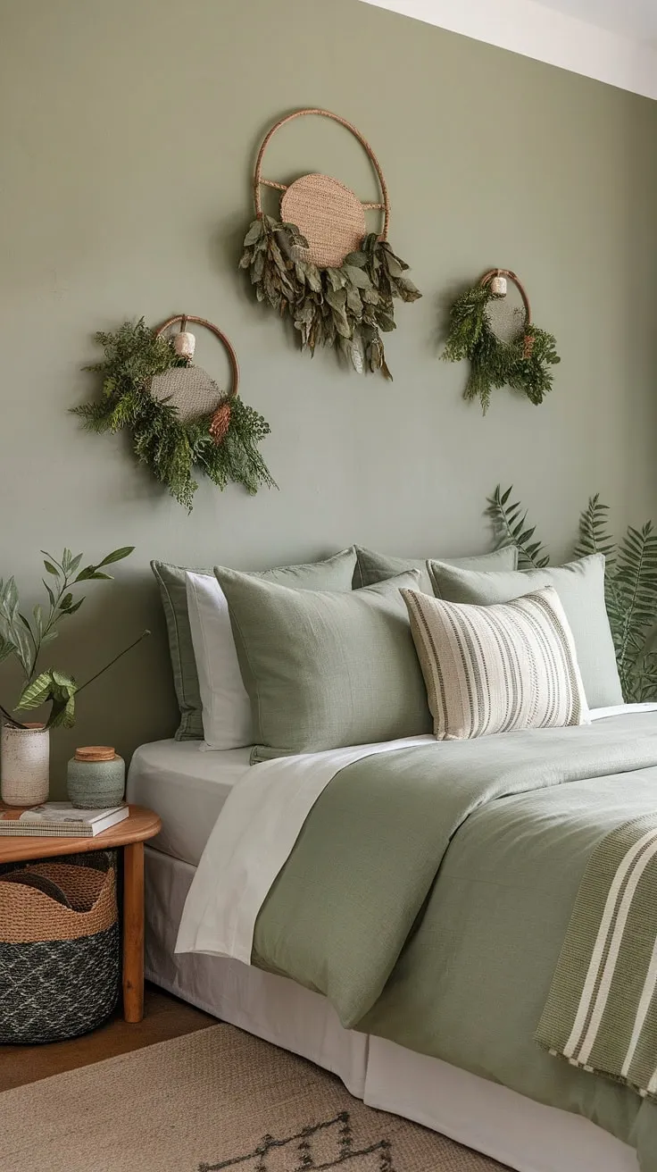 Find your inner peace in this inviting sage boho bedroom.  The sage green bedding and green bedroom aesthetics combine effortlessly with the green bedroom wall decor, creating a sophisticated yet relaxed guest room.  This sage wall bedroom offers a perfect blend of comfort and style, showcasing the best of green boho bedroom ideas in a sage green and neutral bedroom setting.