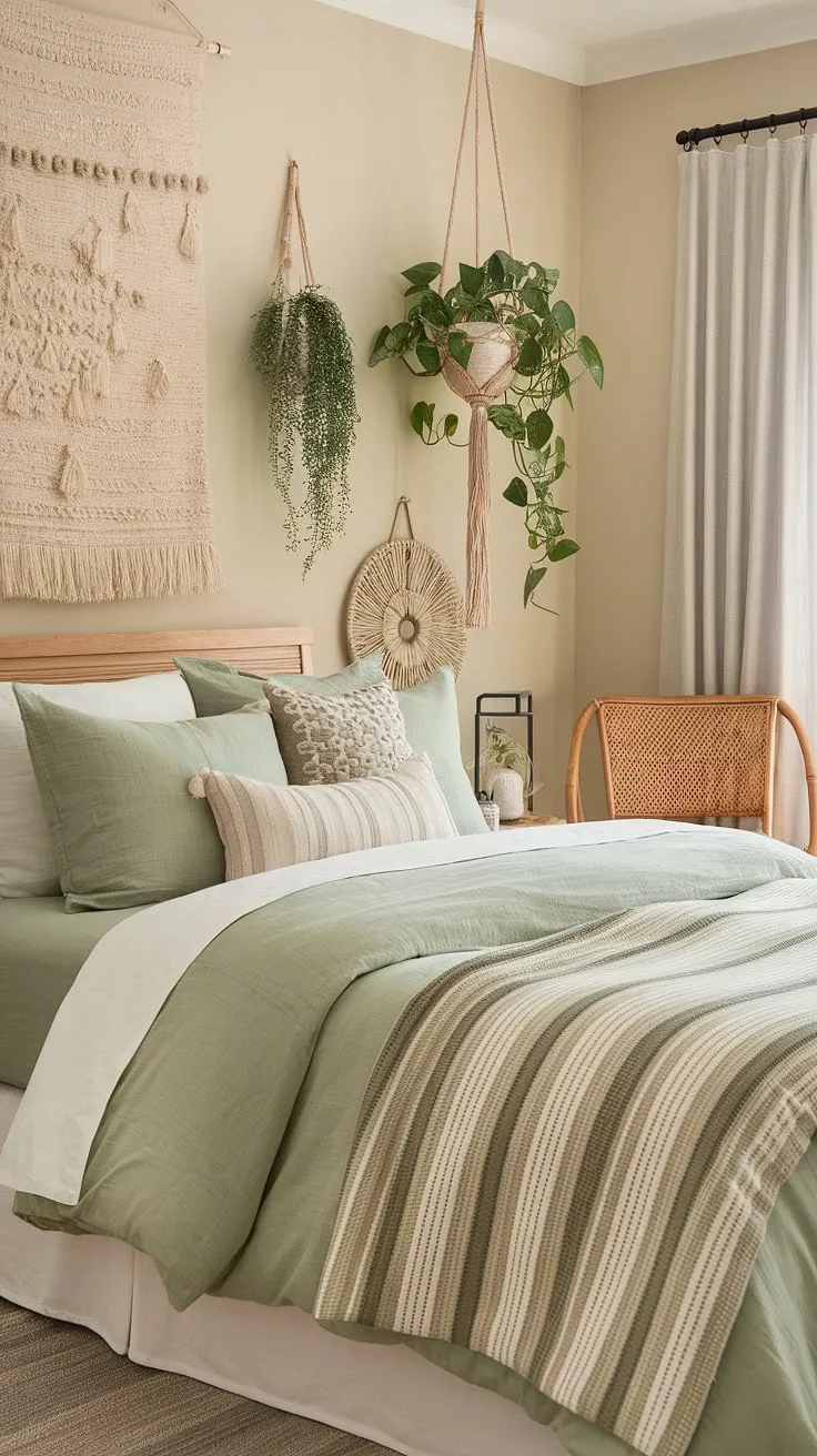 Escape to tranquility in this guest room, where sage green bedding and a curated collection of green bedroom wall decor create a serene green boho bedroom.  The sage green and neutral bedroom palette, accented with natural textures and rattan, offers a peaceful retreat.  This sage boho bedroom showcases effortless green bedroom aesthetics and provides inspiration for your own green bedroom ideas.