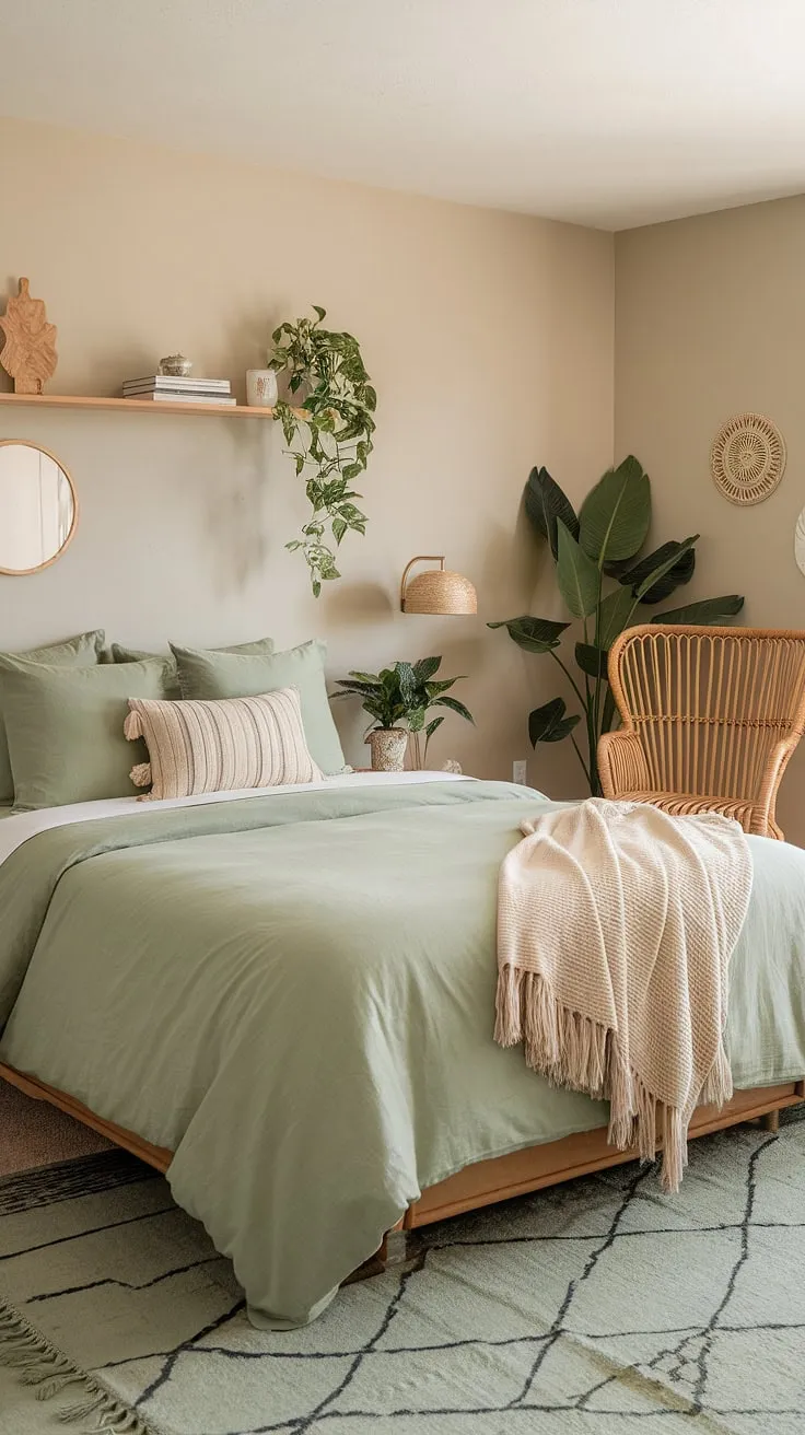 Escape to tranquility in this inviting guest room.  The sage green bedding and coordinating green bedroom wall decor create a serene green boho bedroom aesthetic.  Touches of beige and rattan, along with lush plants, complete the sage boho bedroom feel, offering a perfect blend of sage green and neutral bedroom tones for a truly evergreen bedroom experience.  This sage wall bedroom showcases beautiful green bedroom ideas, proving that sage bedding boho style can be effortlessly chic.