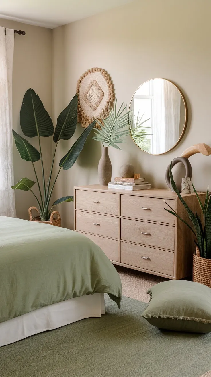 This sage wall bedroom embodies green boho bedroom ideas, showcasing a sophisticated blend of sage green bedding and neutral tones. The green bedroom aesthetics are effortlessly chic, making this sage bedding boho sanctuary the perfect guest room retreat.
