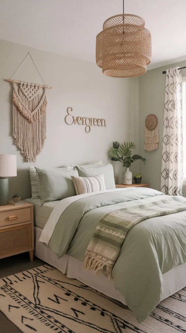 A serene sage green guest room boasts boho chic with macrame, rattan, and a calming neutral palette.