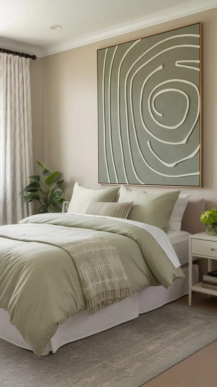 A serene guest room boasts a sage green boho-chic aesthetic, accented by neutral tones and abstract artwork.