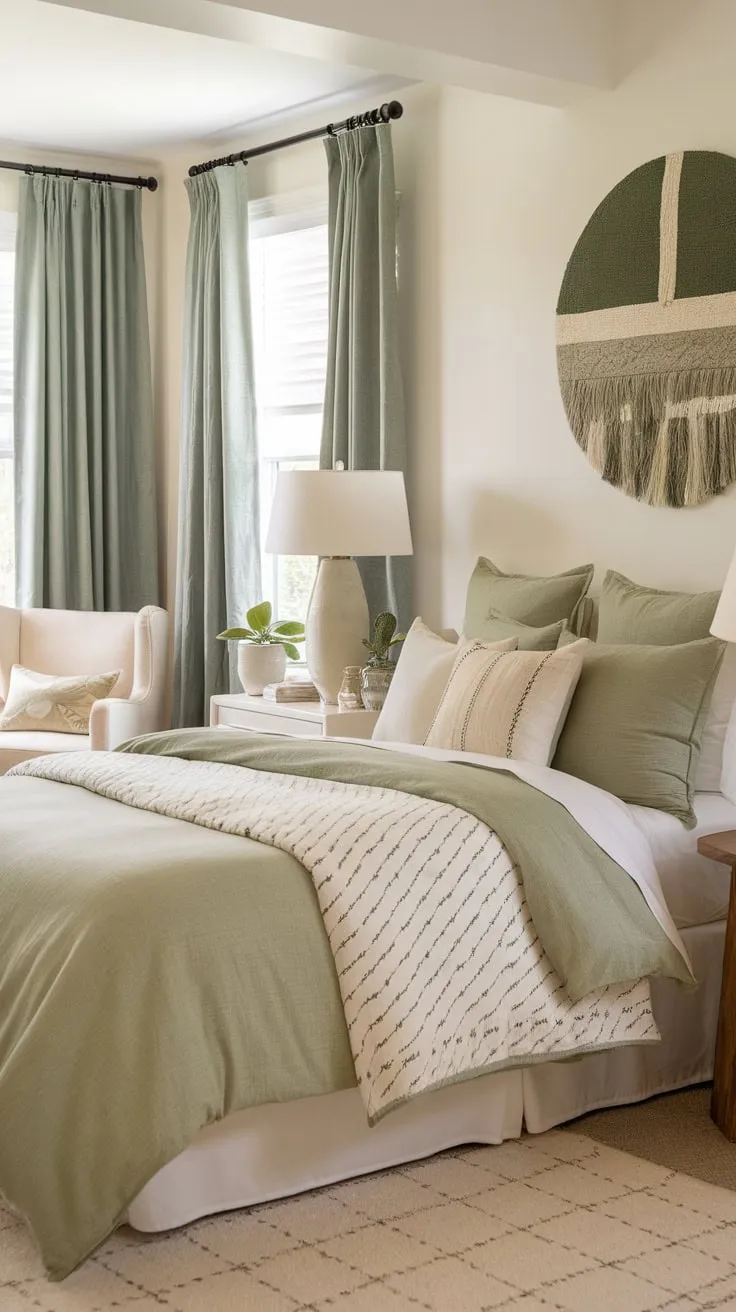 A serene guest room boasts a sage green boho aesthetic, blending calming greens with neutral accents for a relaxing retreat