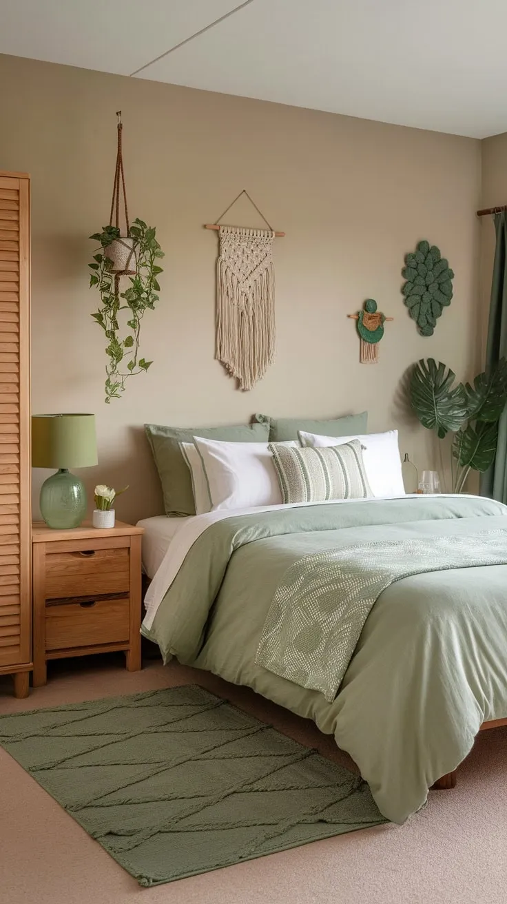 A serene sage green guest room boasts a boho aesthetic with cozy wooden furniture and calming green accents.