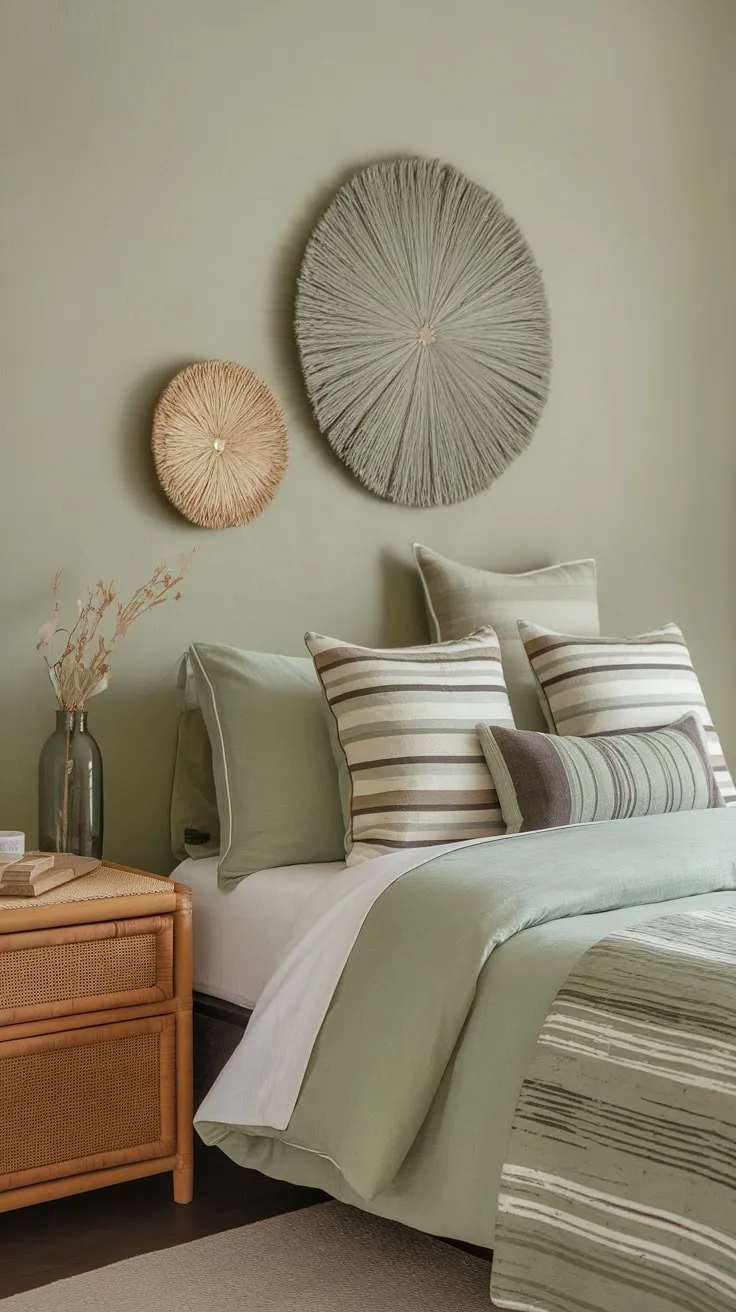 Relax in a boho-chic guest room featuring a soothing sage green color scheme throughout.