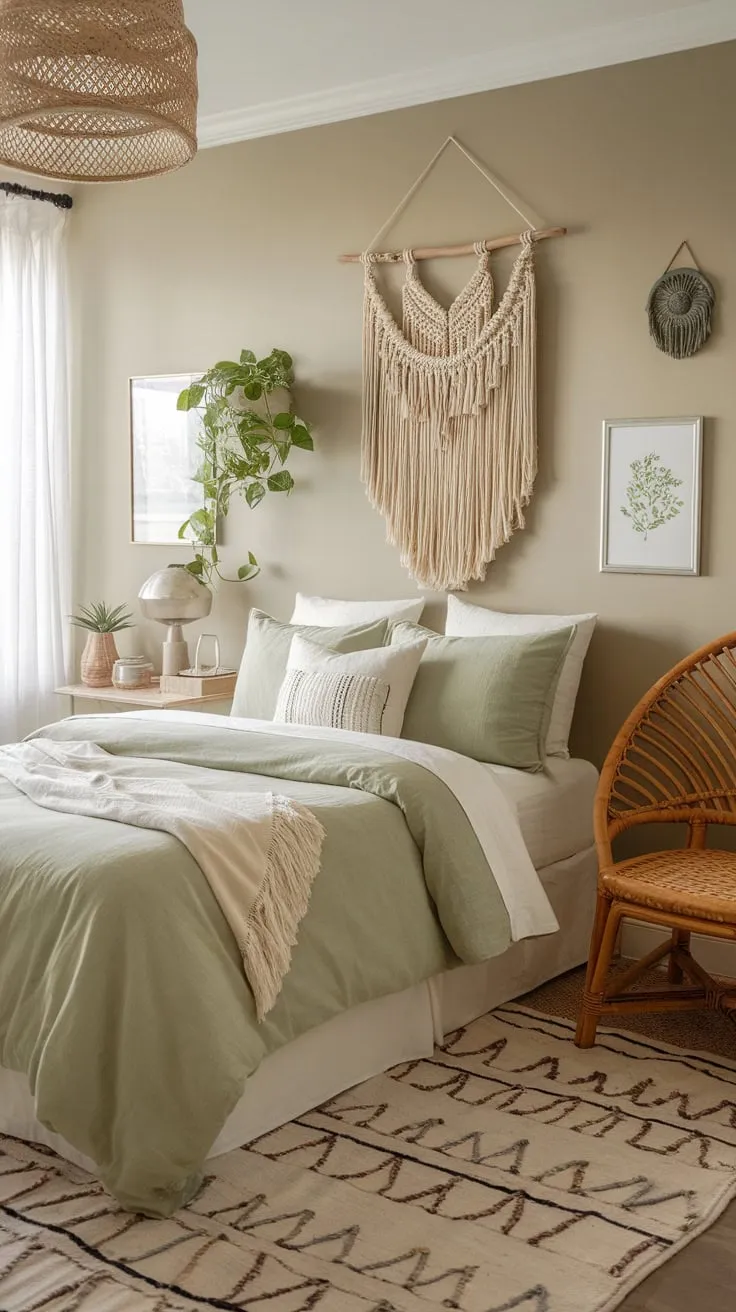 Relax in a tranquil guest room featuring sage green, woven textures, and bohemian charm.