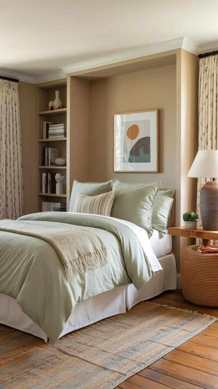 A serene sage green guest room boasts boho charm with built-in shelving and warm wooden floors