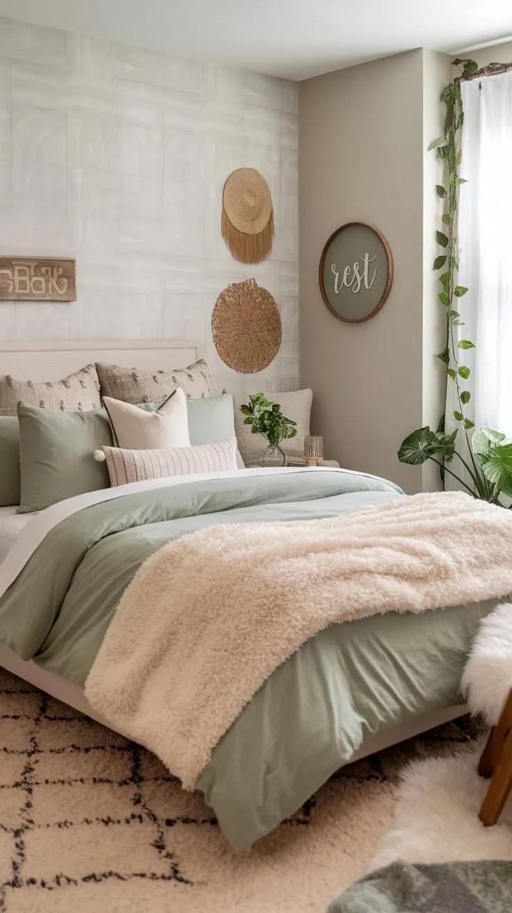 A serene sage green guest room boasts a boho-chic aesthetic with layered bedding, a textured rug, and calming neutral tones for ultimate relaxation