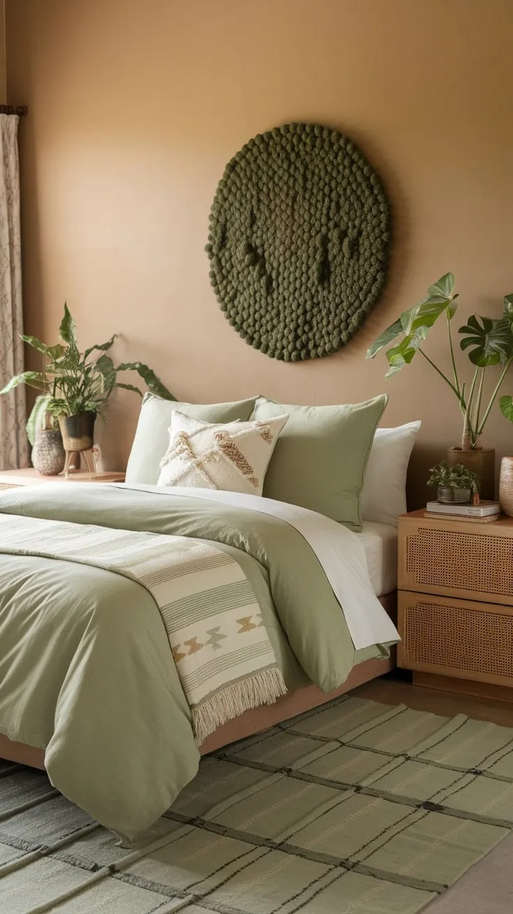 Sage green bedding and decor create a calming boho guest room retreat within a warm beige space accented by lush plants and neutral furnishings.