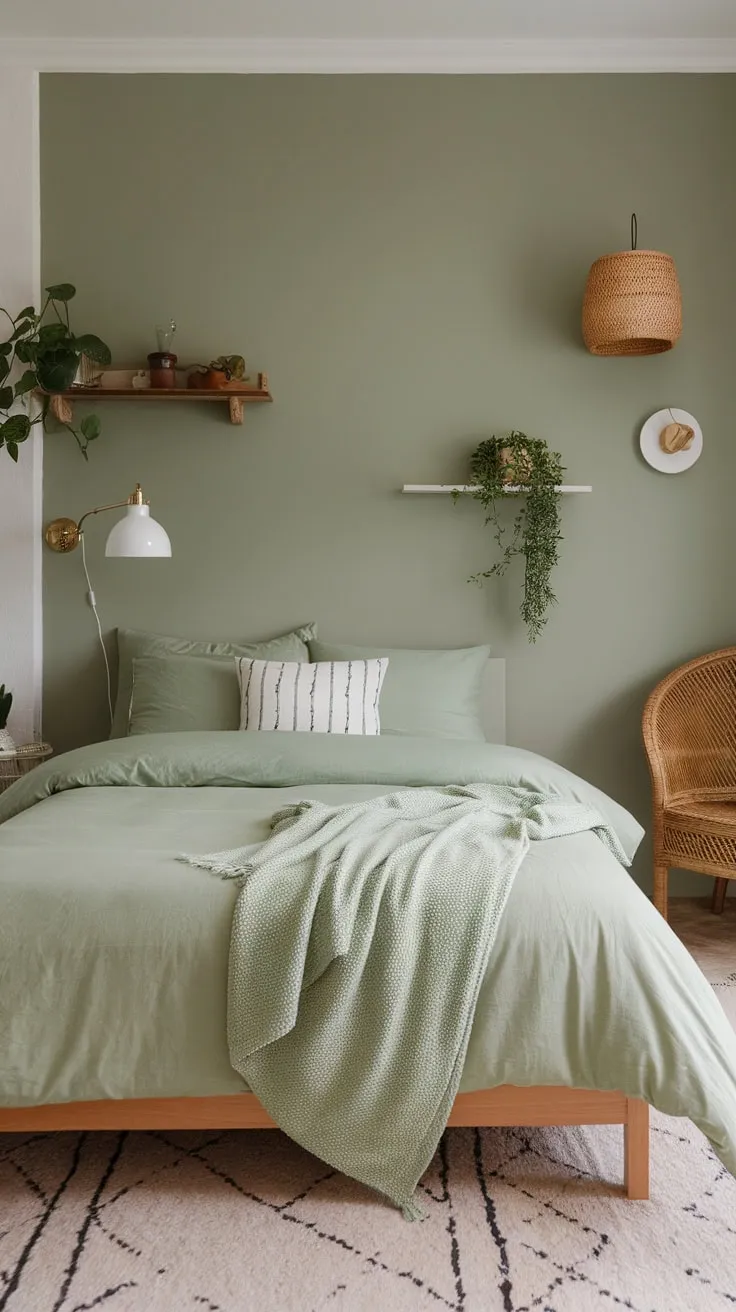 A serene sage green guest room boasts a boho aesthetic with calming neutral accents, creating a peaceful retreat.