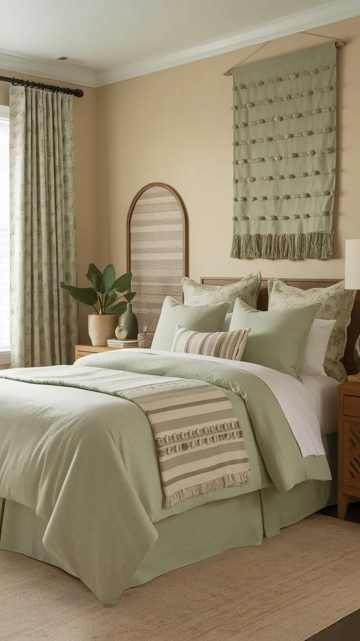 Relax in a tranquil guest room featuring sage green bedding, boho decor, and a soothing neutral palette.
