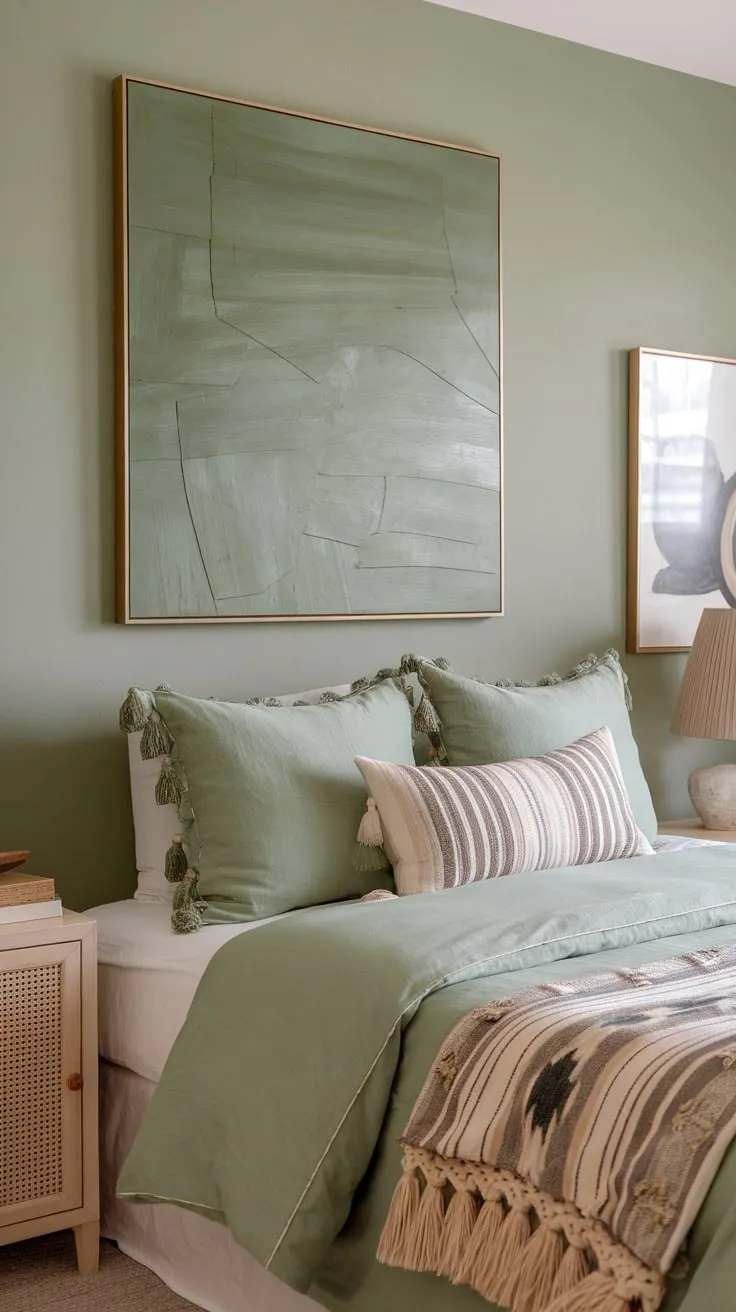 A calming guest room features a sage green aesthetic, blending boho style with abstract art and comfortable neutral furnishings.