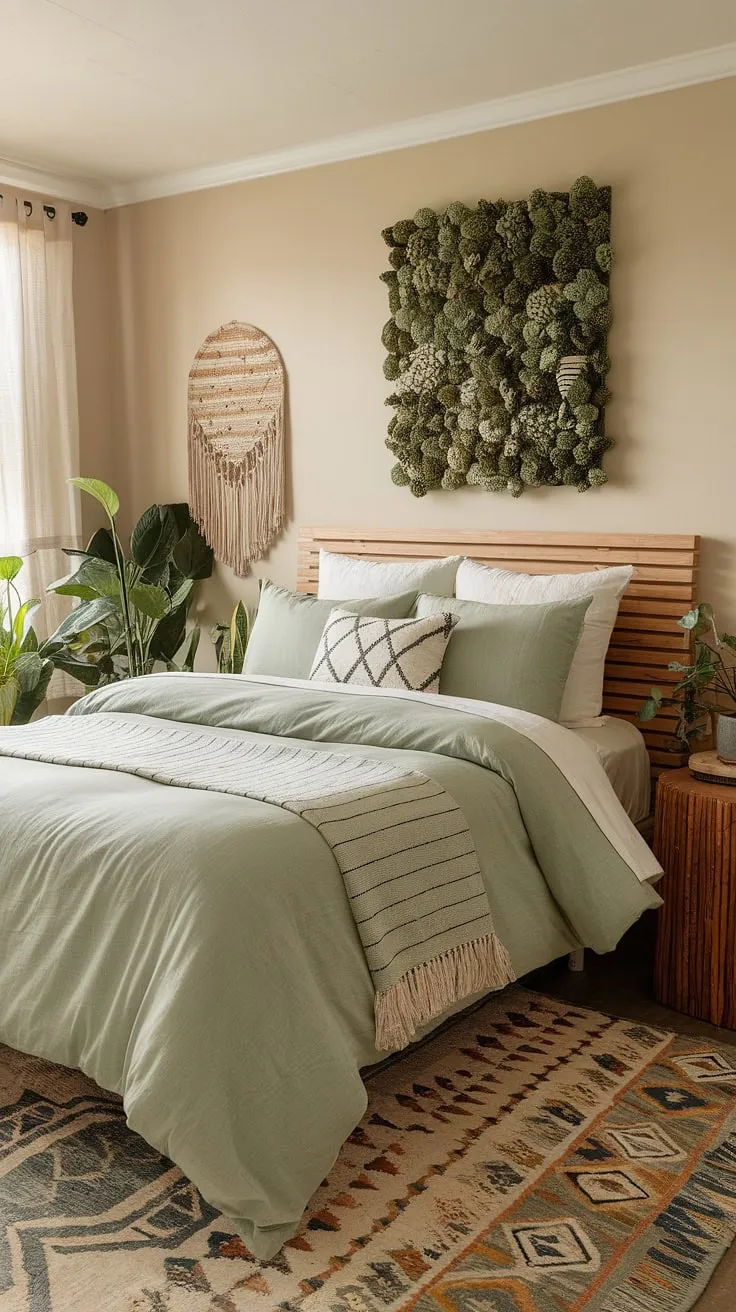 This sage boho bedroom is a haven of peace.  The sage green bedding, paired with a patterned rug and wooden headboard, embodies green boho bedroom ideas.  The sage wall bedroom decor and pops of greenery throughout create a truly inviting sage bedding boho space, perfect for restful nights.  A stunning example of sage green and neutral bedroom design.