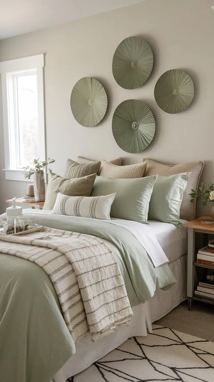 Find your inner calm in this sage boho bedroom.  The sage green bedding and green bedroom aesthetics, complemented by thoughtfully chosen green bedroom wall decor, create a haven of restful elegance.  Explore these green boho bedroom ideas for a sage wall bedroom that's both stylish and inviting in a sage green and neutral bedroom setting.